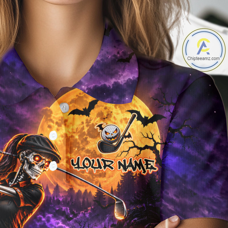 Personalized Halloween Skeleton Golf Polo Shirt For Women Custom Name Halloween Pumpkin Golf Jersey NYN4933