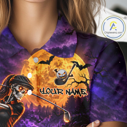 Personalized Halloween Skeleton Golf Polo Shirt For Women Custom Name Halloween Pumpkin Golf Jersey NYN4933