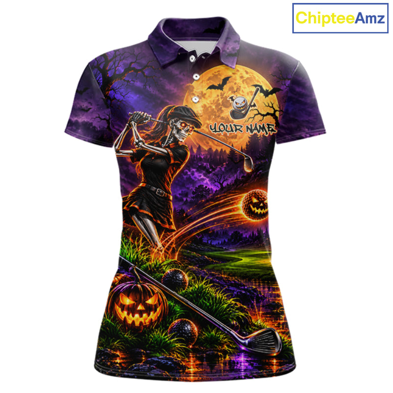 Personalized Halloween Skeleton Golf Polo Shirt For Women Custom Name Halloween Pumpkin Golf Jersey NYN4933