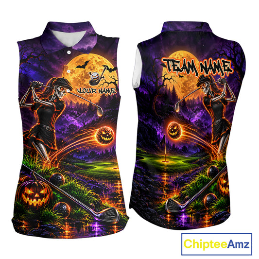 Personalized Halloween Skeleton Golf Sleeveless Polo Shirt For Women Custom Name Halloween Pumpkin Golf Jersey NYN4933