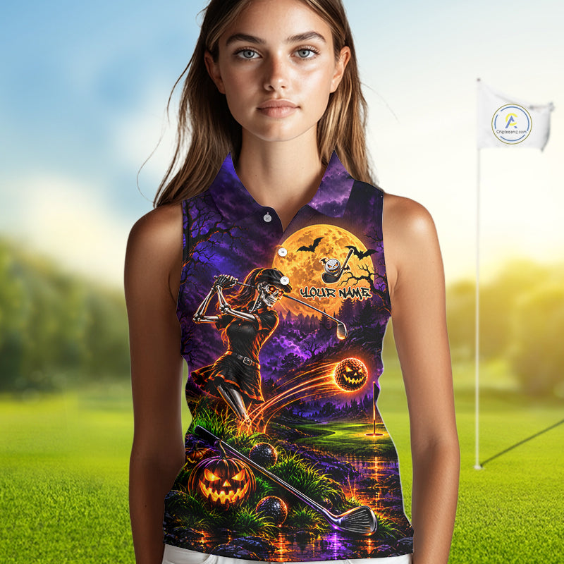 Personalized Halloween Skeleton Golf Sleeveless Polo Shirt For Women Custom Name Halloween Pumpkin Golf Jersey NYN4933