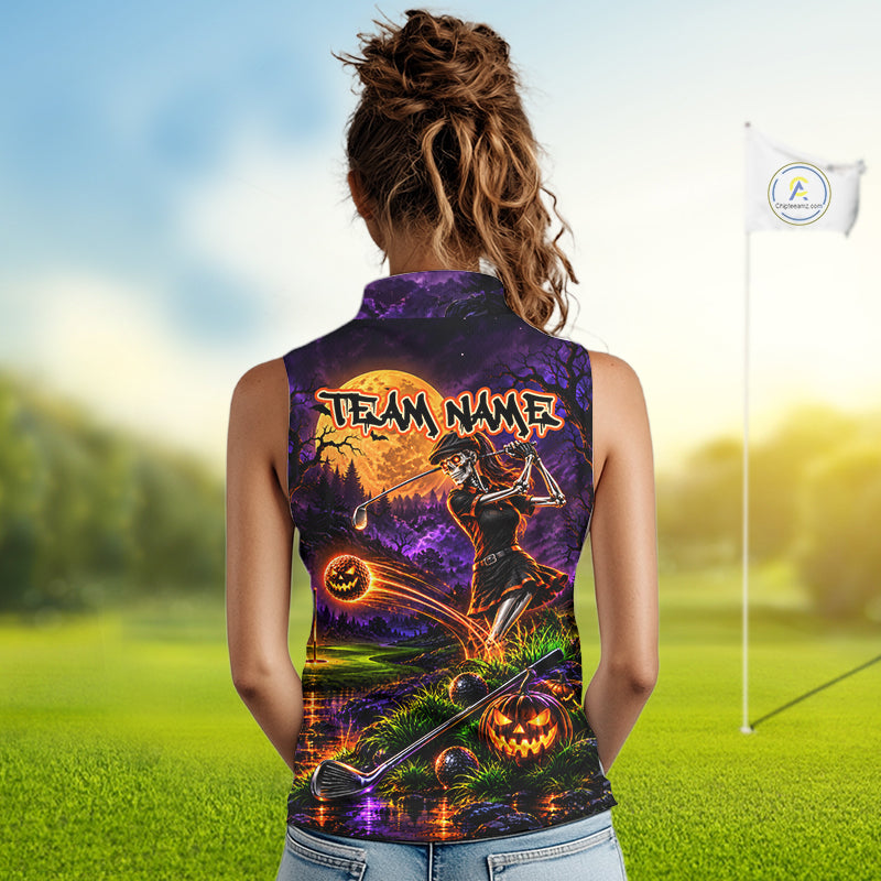 Personalized Halloween Skeleton Golf Sleeveless Polo Shirt For Women Custom Name Halloween Pumpkin Golf Jersey NYN4933