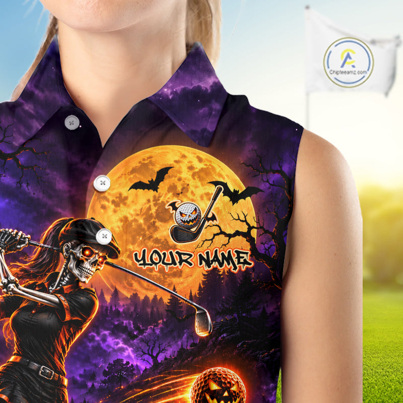 Personalized Halloween Skeleton Golf Sleeveless Polo Shirt For Women Custom Name Halloween Pumpkin Golf Jersey NYN4933