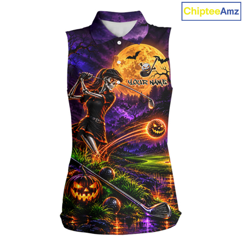 Personalized Halloween Skeleton Golf Sleeveless Polo Shirt For Women Custom Name Halloween Pumpkin Golf Jersey NYN4933