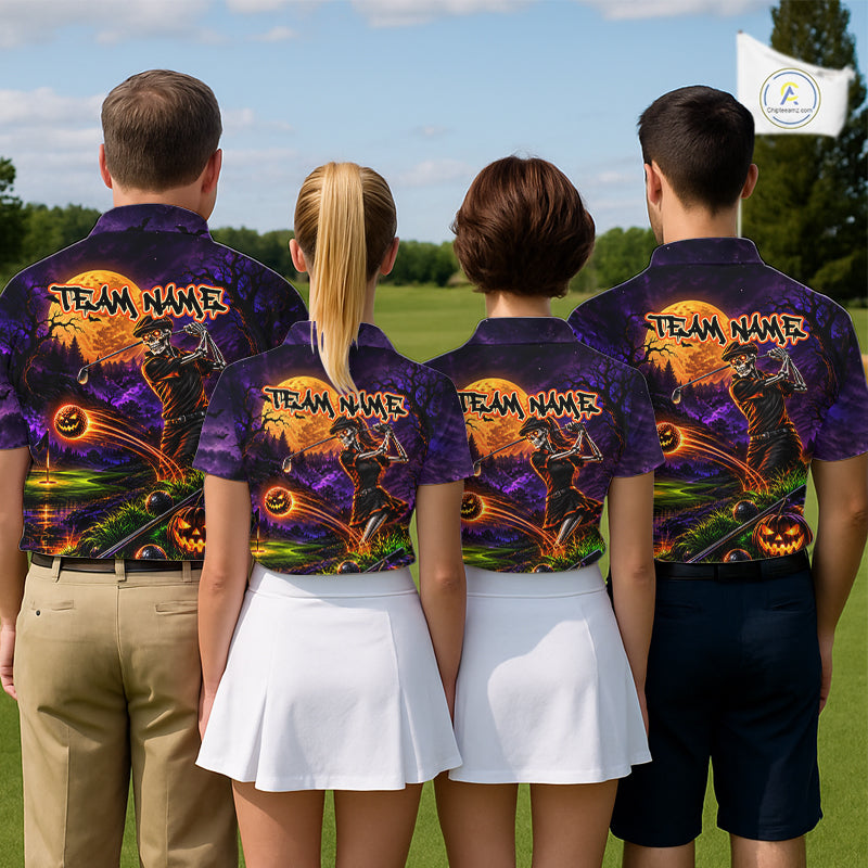 Personalized Halloween Skeleton Golf Polo Shirt For Men Custom Name Halloween Pumpkin Golf Jersey NYN4933
