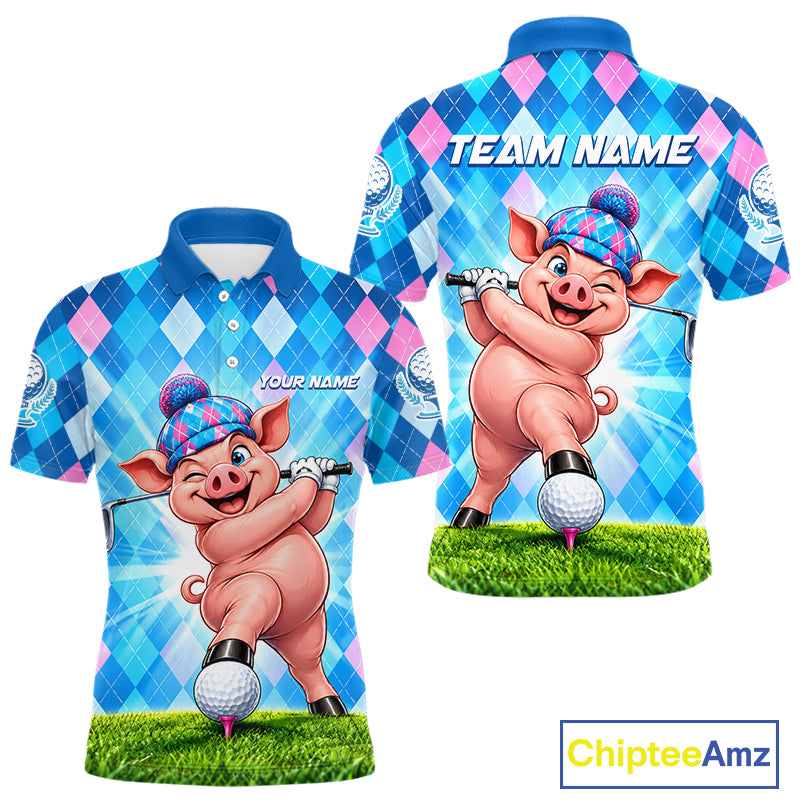Cute Pig Funny Golf Polo Shirt For Men Custom Blue Pink Argyle Plaid Golf Tounament Jersey NYN4936
