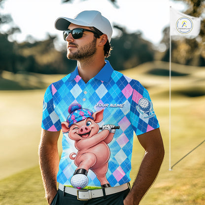 Cute Pig Funny Golf Polo Shirt For Men Custom Blue Pink Argyle Plaid Golf Tounament Jersey NYN4936