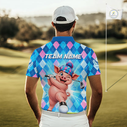Cute Pig Funny Golf Polo Shirt For Men Custom Blue Pink Argyle Plaid Golf Tounament Jersey NYN4936