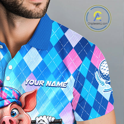 Cute Pig Funny Golf Polo Shirt For Men Custom Blue Pink Argyle Plaid Golf Tounament Jersey NYN4936