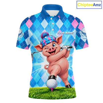 Cute Pig Funny Golf Polo Shirt For Men Custom Blue Pink Argyle Plaid Golf Tounament Jersey NYN4936