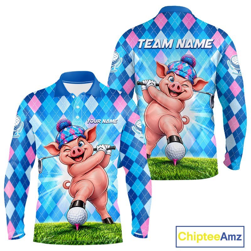 Cute Pig Funny Golf Polo Shirt For Men Custom Blue Pink Argyle Plaid Golf Tounament Jersey NYN4936