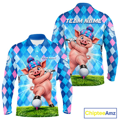 Cute Pig Funny Golf Polo Shirt For Men Custom Blue Pink Argyle Plaid Golf Tounament Jersey NYN4936