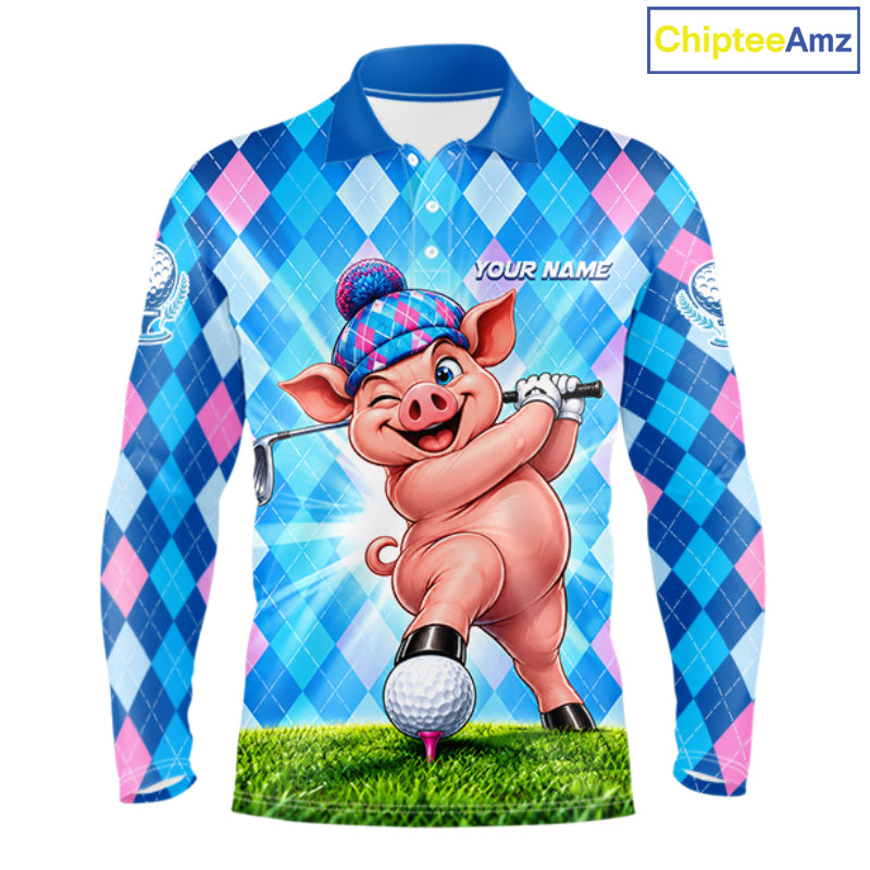 Cute Pig Funny Golf Polo Shirt For Men Custom Blue Pink Argyle Plaid Golf Tounament Jersey NYN4936