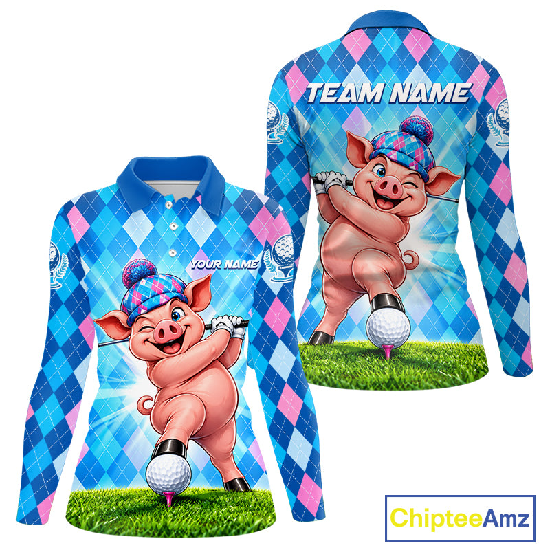 Cute Pig Funny Golf Polo Shirt For Women Custom Blue Pink Argyle Plaid Golf Tounament Jersey NYN4936