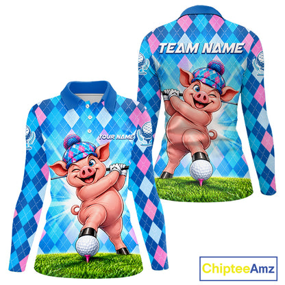 Cute Pig Funny Golf Polo Shirt For Women Custom Blue Pink Argyle Plaid Golf Tounament Jersey NYN4936