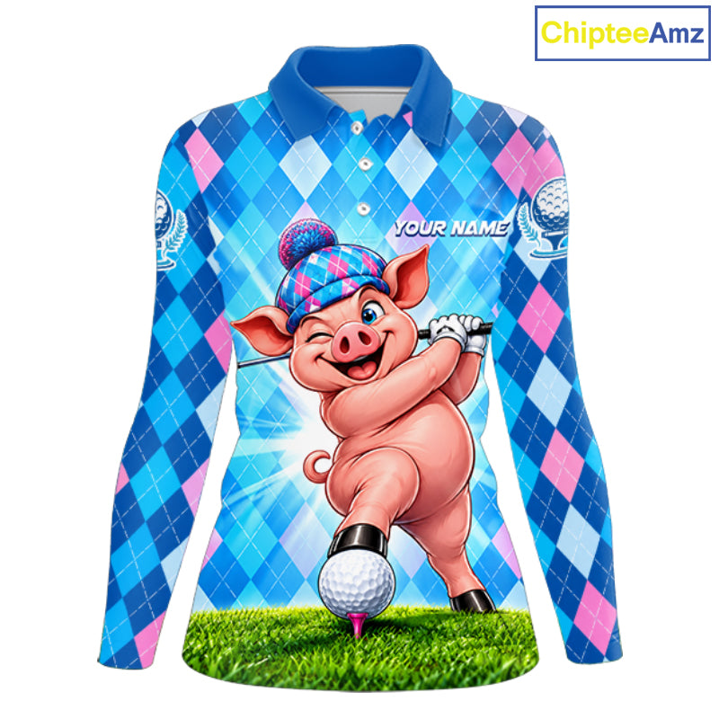 Cute Pig Funny Golf Polo Shirt For Women Custom Blue Pink Argyle Plaid Golf Tounament Jersey NYN4936