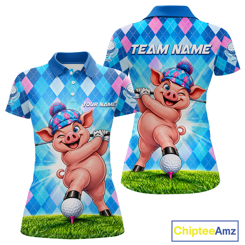 Cute Pig Funny Golf Polo Shirt For Women Custom Blue Pink Argyle Plaid Golf Tounament Jersey NYN4936