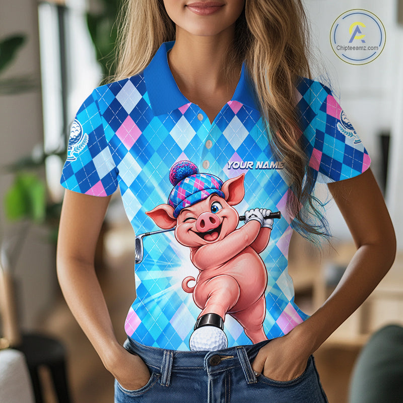 Cute Pig Funny Golf Polo Shirt For Women Custom Blue Pink Argyle Plaid Golf Tounament Jersey NYN4936
