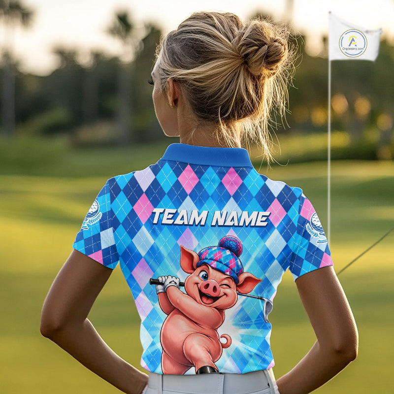 Cute Pig Funny Golf Polo Shirt For Women Custom Blue Pink Argyle Plaid Golf Tounament Jersey NYN4936