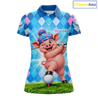 Cute Pig Funny Golf Polo Shirt For Women Custom Blue Pink Argyle Plaid Golf Tounament Jersey NYN4936