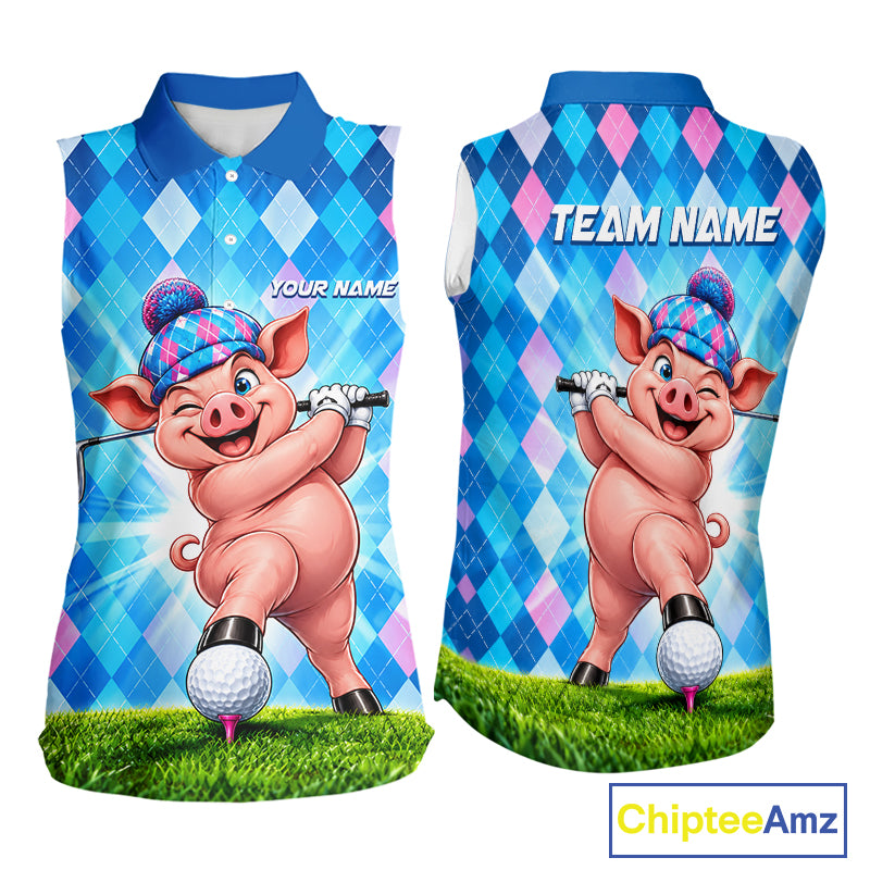Cute Pig Funny Golf Sleeveless Polo Shirt For Women Custom Blue Pink Argyle Plaid Golf Tounament Jersey NYN4936