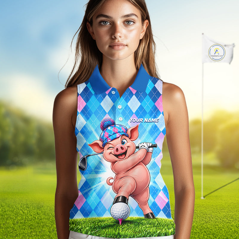 Cute Pig Funny Golf Sleeveless Polo Shirt For Women Custom Blue Pink Argyle Plaid Golf Tounament Jersey NYN4936