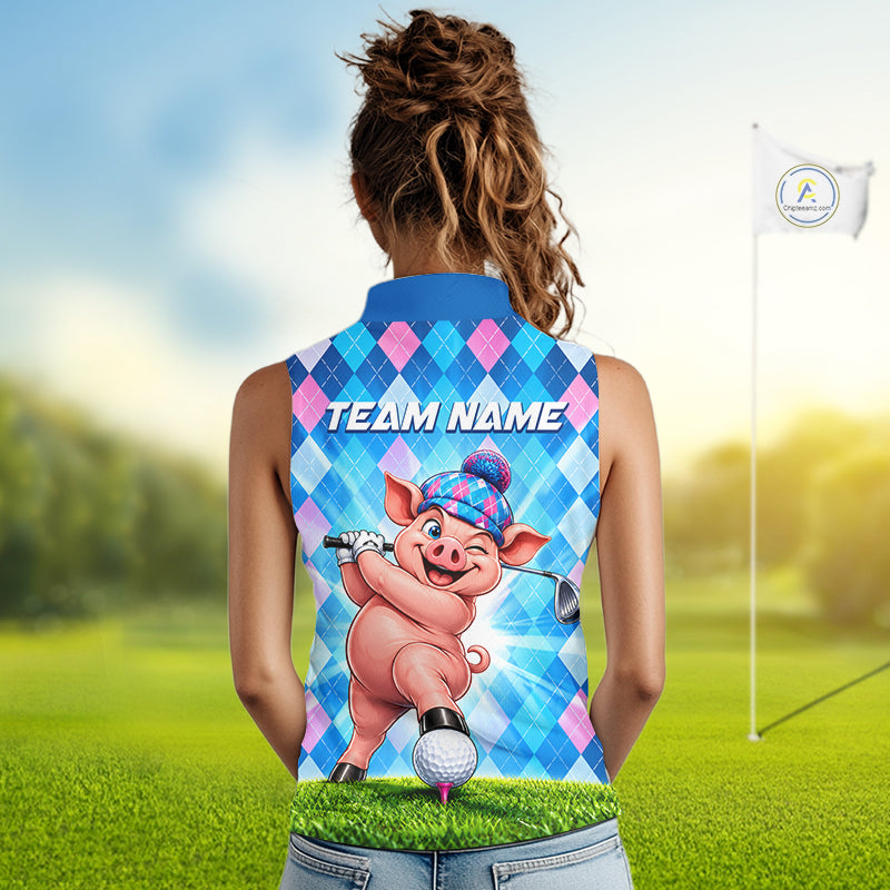 Cute Pig Funny Golf Sleeveless Polo Shirt For Women Custom Blue Pink Argyle Plaid Golf Tounament Jersey NYN4936