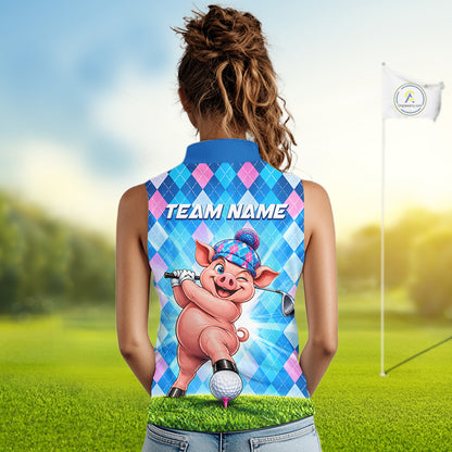 Cute Pig Funny Golf Sleeveless Polo Shirt For Women Custom Blue Pink Argyle Plaid Golf Tounament Jersey NYN4936
