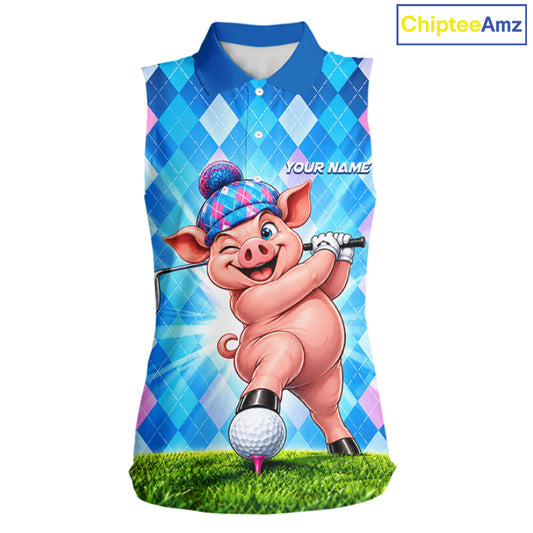 Cute Pig Funny Golf Sleeveless Polo Shirt For Women Custom Blue Pink Argyle Plaid Golf Tounament Jersey NYN4936