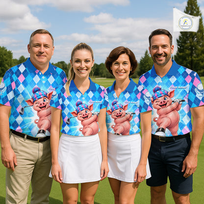 Cute Pig Funny Golf Polo Shirt For Men Custom Blue Pink Argyle Plaid Golf Tounament Jersey NYN4936