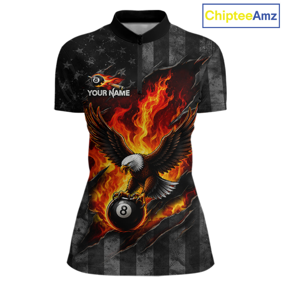 Red Flaming Torn American Flag Eagle 8 Ball Billiard Shirt For Women Custom Pool Team Jersey NYN4153