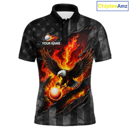 Red Flaming Torn US Flag Mens Golf Polo Shirt Custom Name Golf Top Shirt For Team, Golf Gift NYN4154
