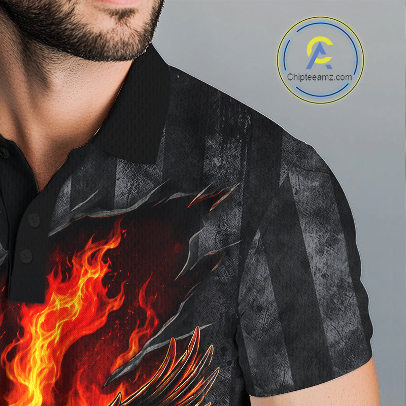 Red Flaming Torn US Flag Mens Golf Polo Shirt Custom Name Golf Top Shirt For Team, Golf Gift NYN4154