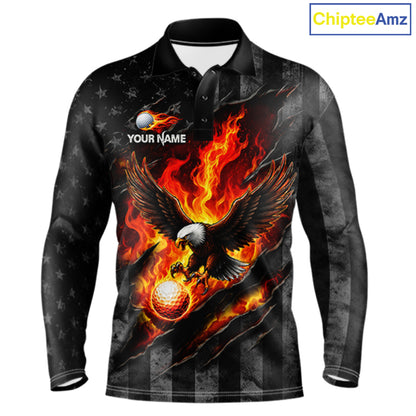 Red Flaming Torn US Flag Mens Golf Polo Shirt Custom Name Golf Top Shirt For Team, Golf Gift NYN4154