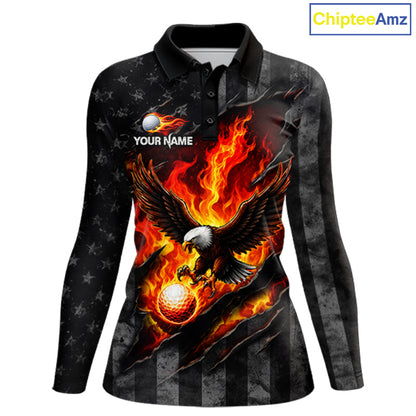 Red Flaming Torn US Flag Womens Golf Polo Shirt Custom Name Golf Top Shirt For Team, Golf Gift NYN4154
