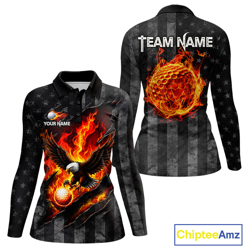 Red Flaming Torn US Flag Womens Golf Polo Shirt Custom Name Golf Top Shirt For Team, Golf Gift NYN4154