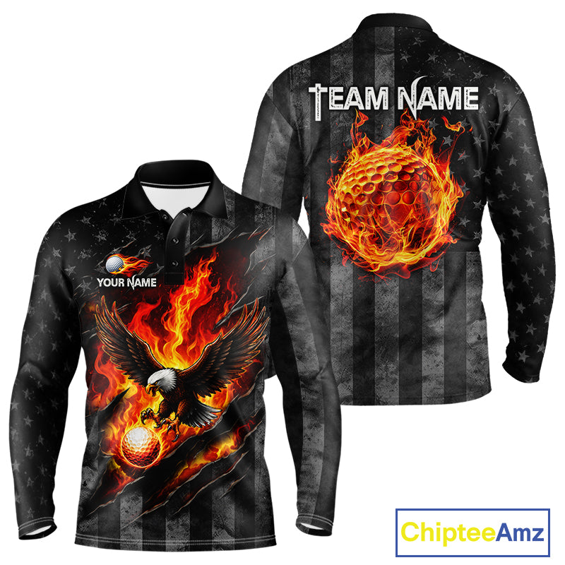 Red Flaming Torn US Flag Mens Golf Polo Shirt Custom Name Golf Top Shirt For Team, Golf Gift NYN4154