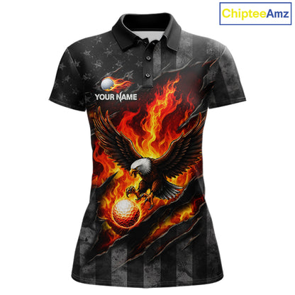 Red Flaming Torn US Flag Womens Golf Polo Shirt Custom Name Golf Top Shirt For Team, Golf Gift NYN4154