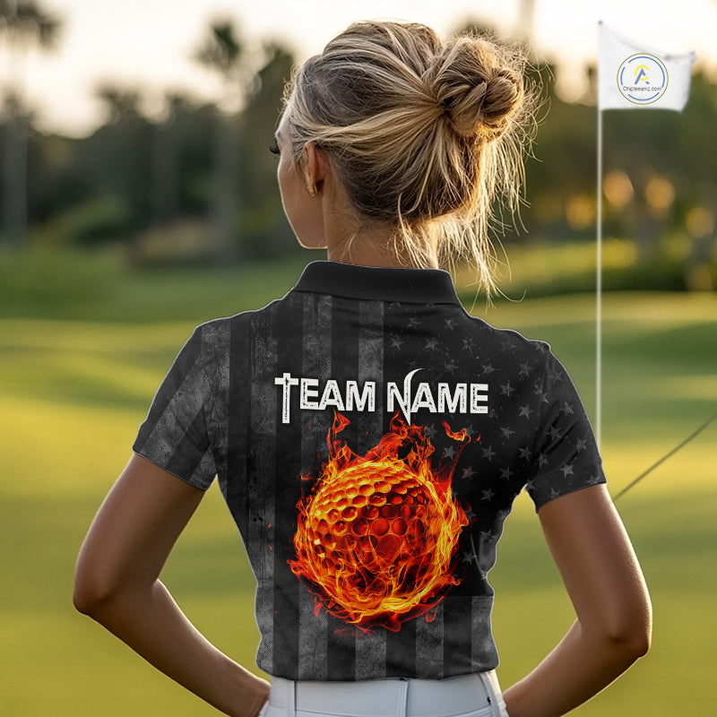 Red Flaming Torn US Flag Womens Golf Polo Shirt Custom Name Golf Top Shirt For Team, Golf Gift NYN4154