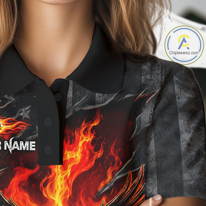 Red Flaming Torn US Flag Womens Golf Polo Shirt Custom Name Golf Top Shirt For Team, Golf Gift NYN4154