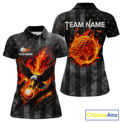 Red Flaming Torn US Flag Womens Golf Polo Shirt Custom Name Golf Top Shirt For Team, Golf Gift NYN4154