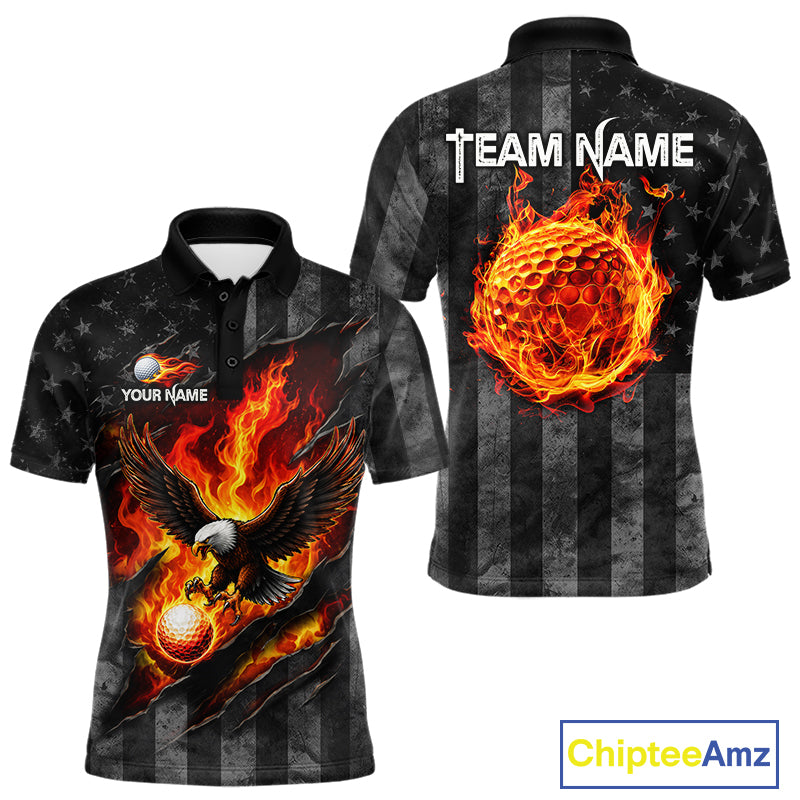 Red Flaming Torn US Flag Mens Golf Polo Shirt Custom Name Golf Top Shirt For Team, Golf Gift NYN4154