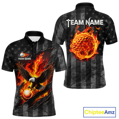 Red Flaming Torn US Flag Mens Golf Polo Shirt Custom Name Golf Top Shirt For Team, Golf Gift NYN4154