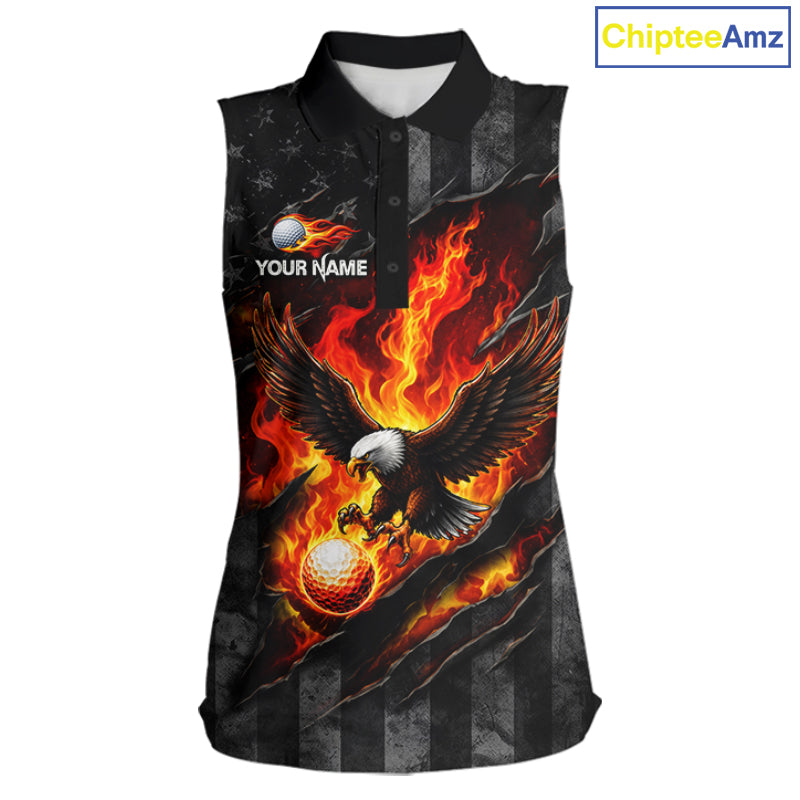 Red Flaming Torn US Flag Womens Golf Sleeveless Polo Shirt Custom Name Golf Top Shirt For Team, Golf Gift NYN4154