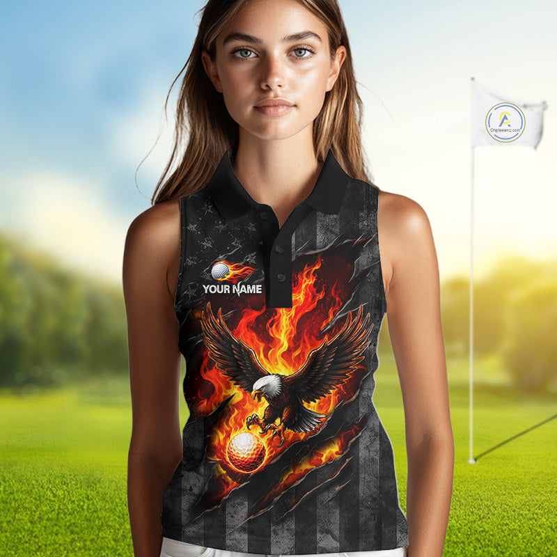 Red Flaming Torn US Flag Womens Golf Sleeveless Polo Shirt Custom Name Golf Top Shirt For Team, Golf Gift NYN4154