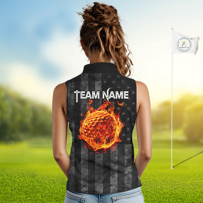Red Flaming Torn US Flag Womens Golf Sleeveless Polo Shirt Custom Name Golf Top Shirt For Team, Golf Gift NYN4154