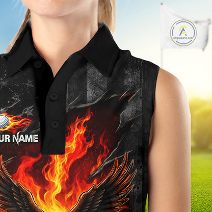 Red Flaming Torn US Flag Womens Golf Sleeveless Polo Shirt Custom Name Golf Top Shirt For Team, Golf Gift NYN4154