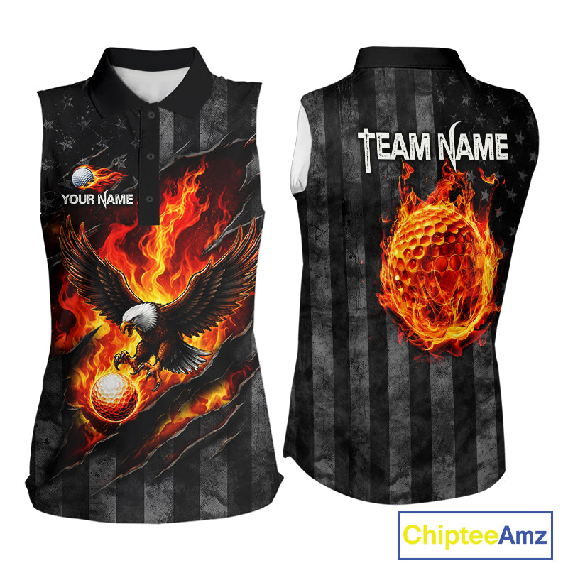 Red Flaming Torn US Flag Womens Golf Sleeveless Polo Shirt Custom Name Golf Top Shirt For Team, Golf Gift NYN4154