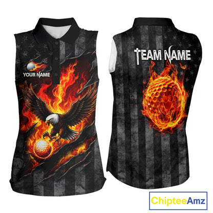 Red Flaming Torn US Flag Womens Golf Sleeveless Polo Shirt Custom Name Golf Top Shirt For Team, Golf Gift NYN4154