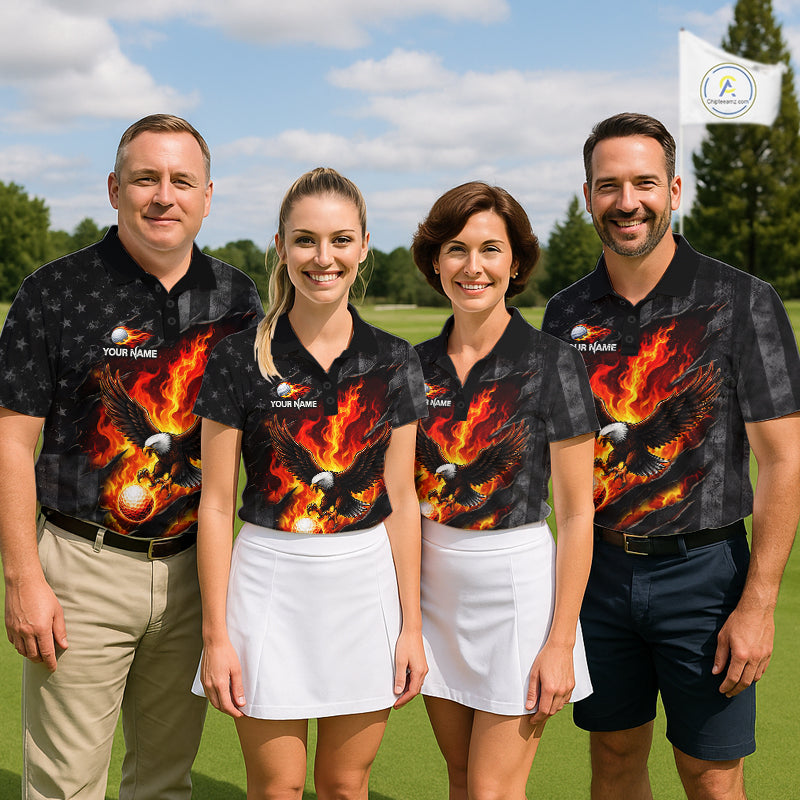 Red Flaming Torn US Flag Mens Golf Polo Shirt Custom Name Golf Top Shirt For Team, Golf Gift NYN4154